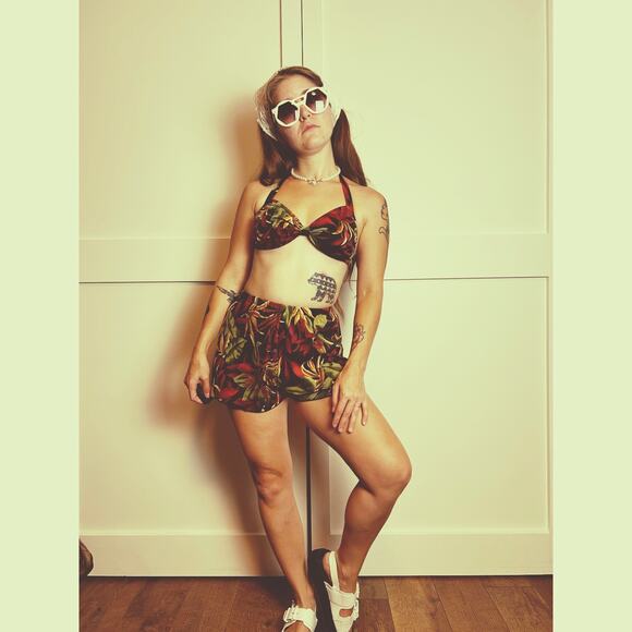 other Other - 1950s tropical pin up girl halter swim set retro bikini high waisted s/m